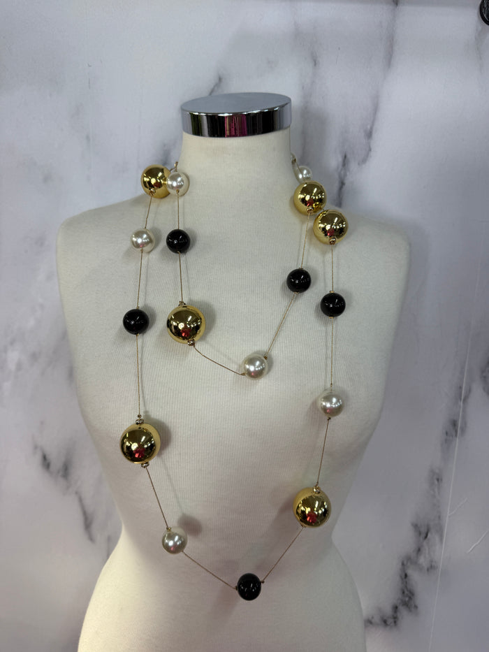 Collana lunga sfere nero, oro e argento
