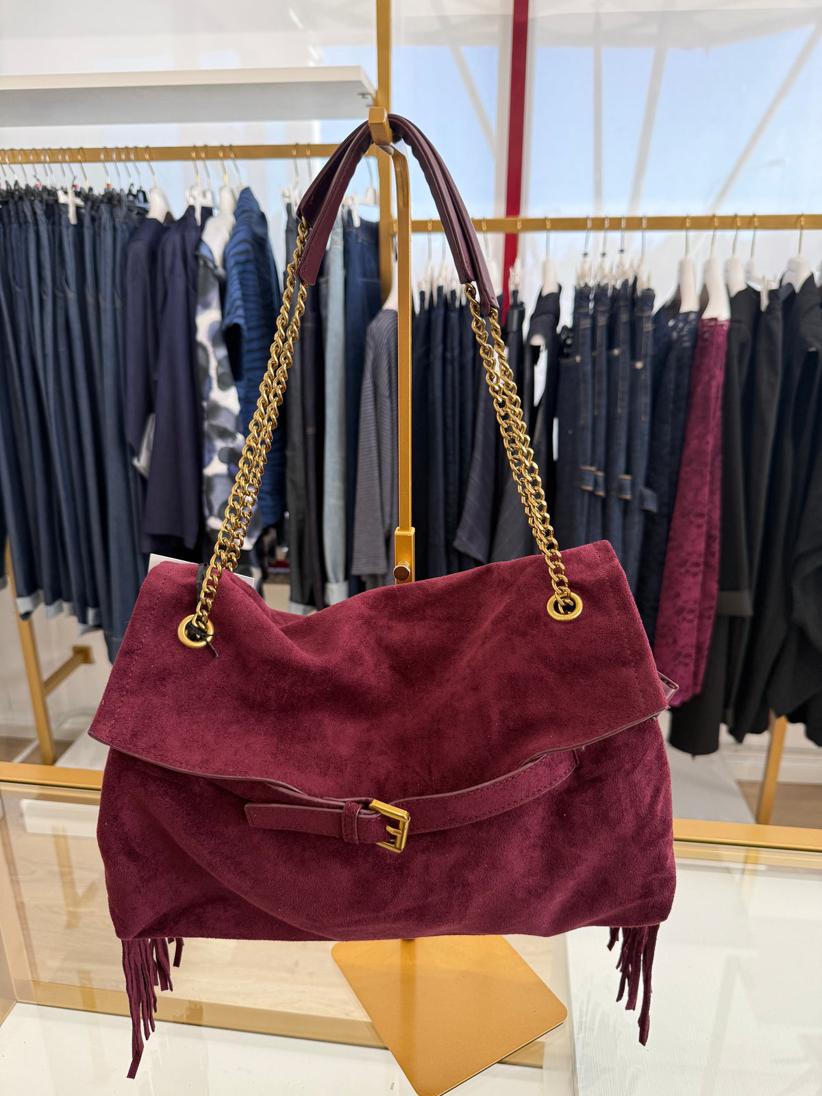 Borsa frange scamosciata manico catena