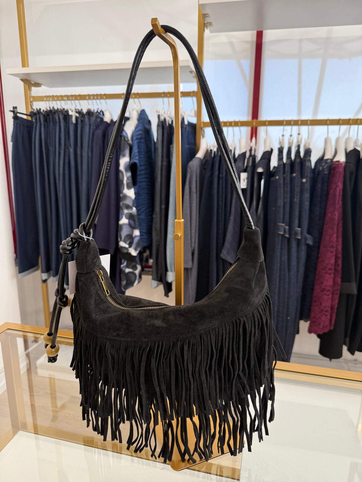 Borsa frange scamosciata con manico pelle