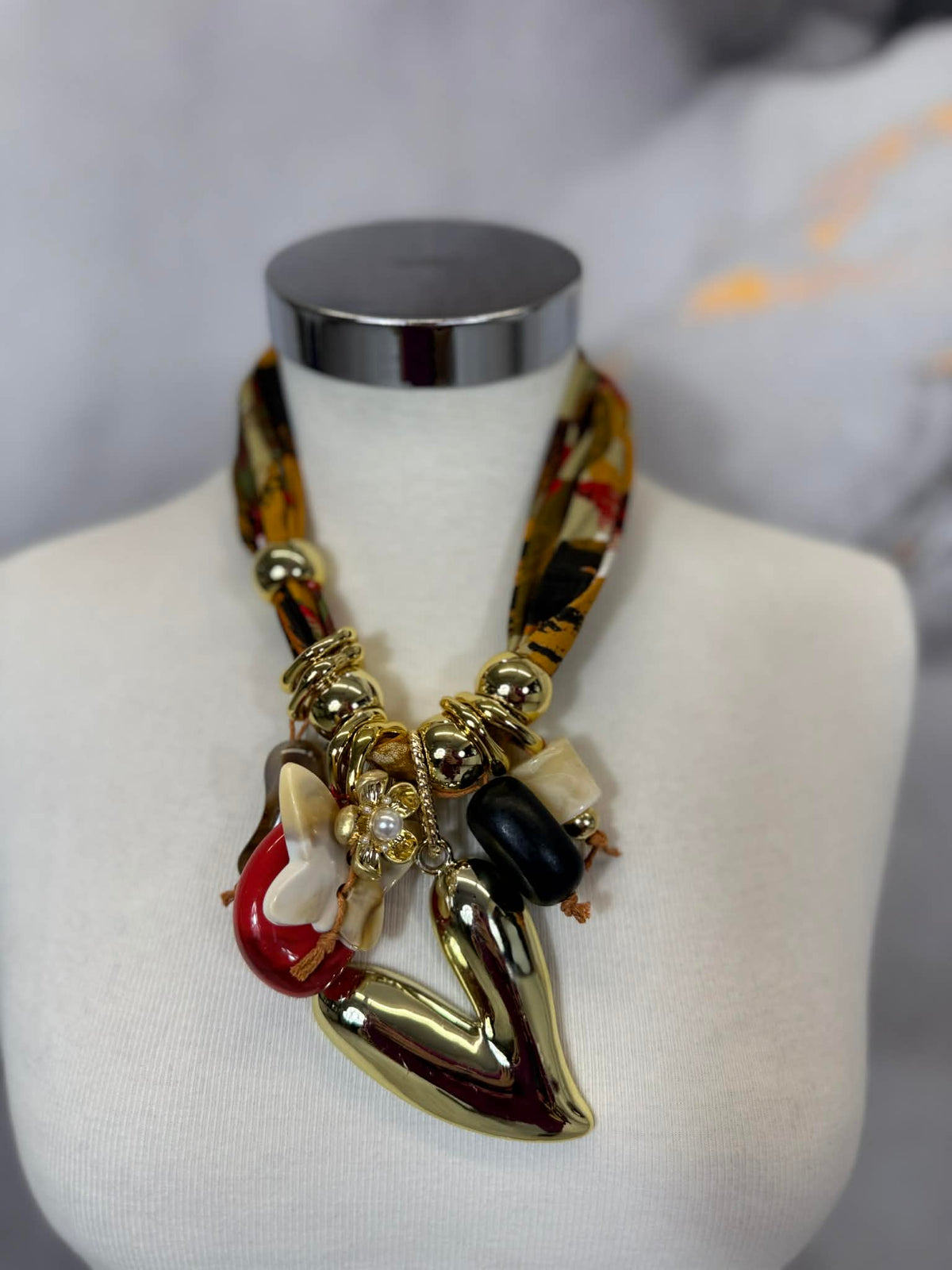 Scarf necklace with gold heart