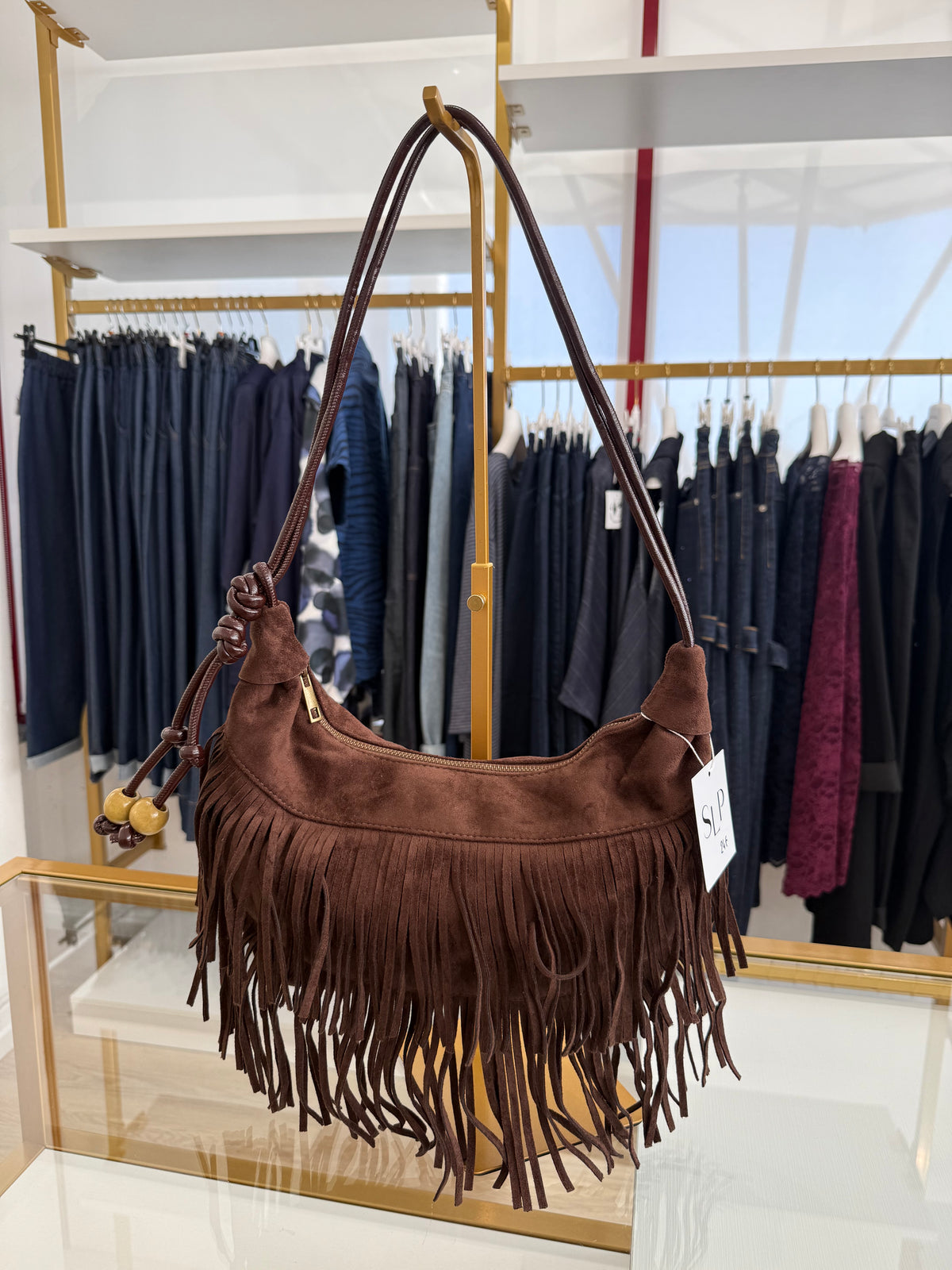 Borsa frange scamosciata con manico pelle