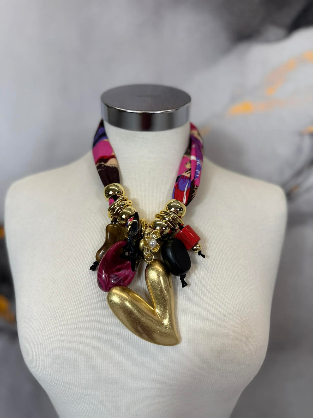 Scarf necklace with gold heart