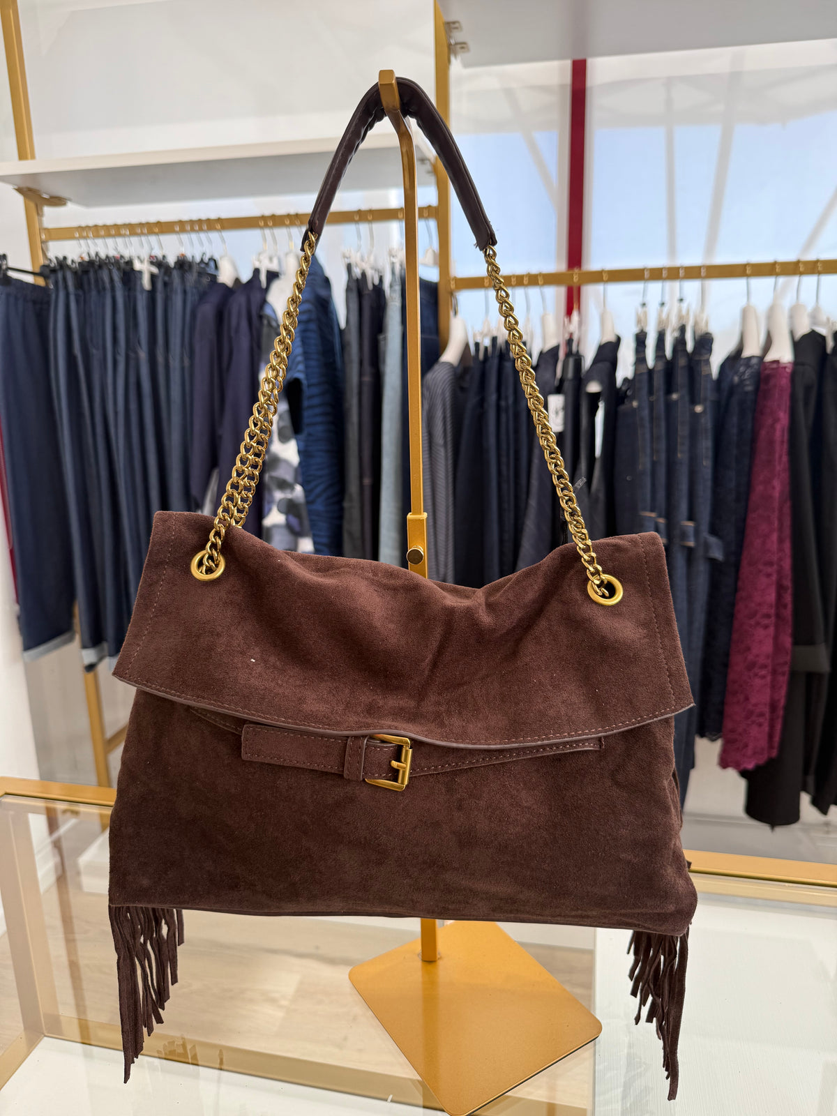 Borsa frange scamosciata manico catena