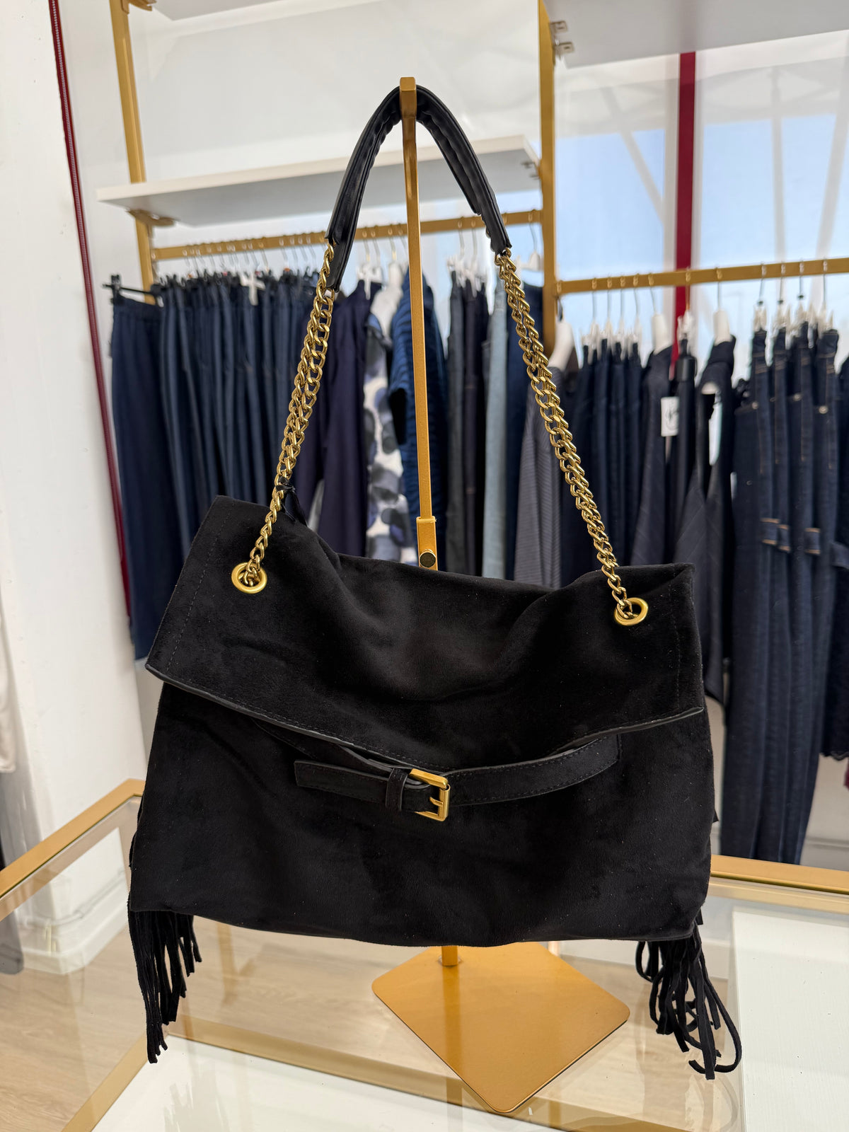 Borsa frange scamosciata manico catena