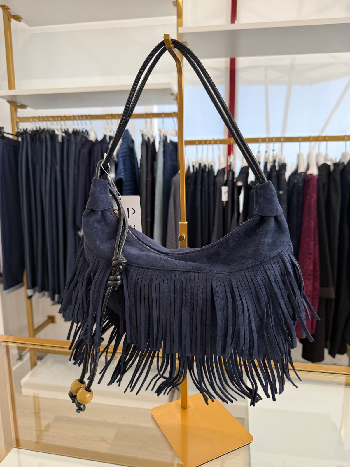 Borsa frange scamosciata con manico pelle