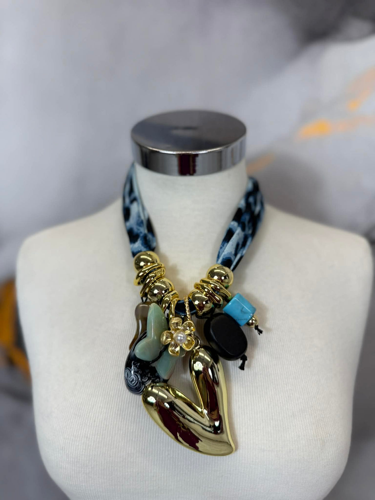 Scarf necklace with gold heart